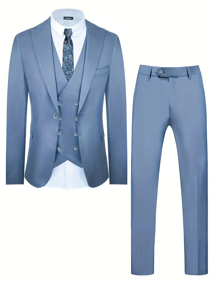 Heren pak in driedelige uitvoering, slim fit voor een eigentijds silhouet. Geschikt voor werk en feest.