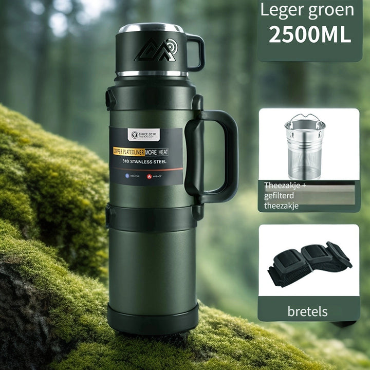 Duurzame dubbelwandige RVS thermoskan voor kamperen, sport & outdoor avonturen. Houdt dranken lang op temp.