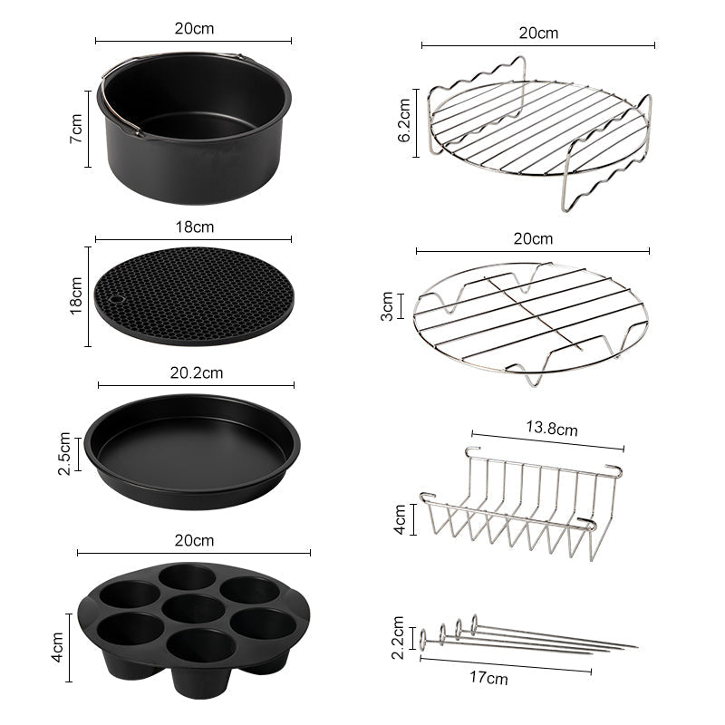 Uitgebreide airfryer accessoire set voor bakken van pizza, cakes en frituren; makkelijk in gebruik.