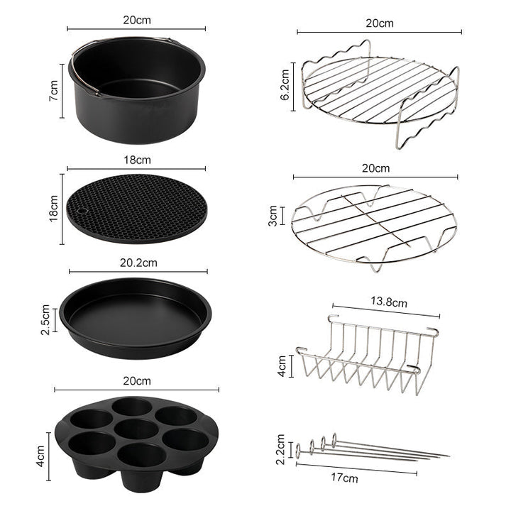 Uitgebreide airfryer accessoire set voor bakken van pizza, cakes en frituren; makkelijk in gebruik.