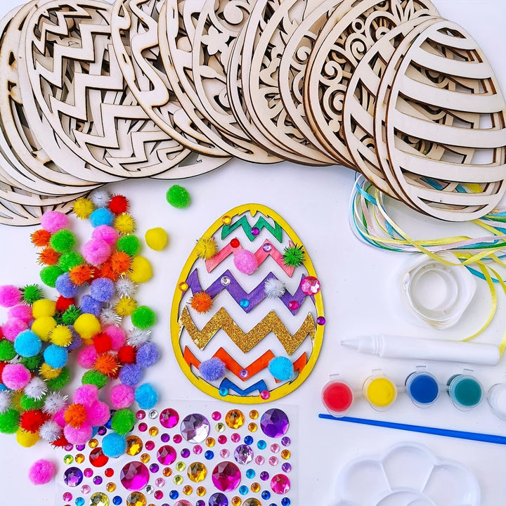 DIY Paasei knutselset met houten eieren en verf voor Pasen decoratie. Perfecte creatieve familieactiviteit.