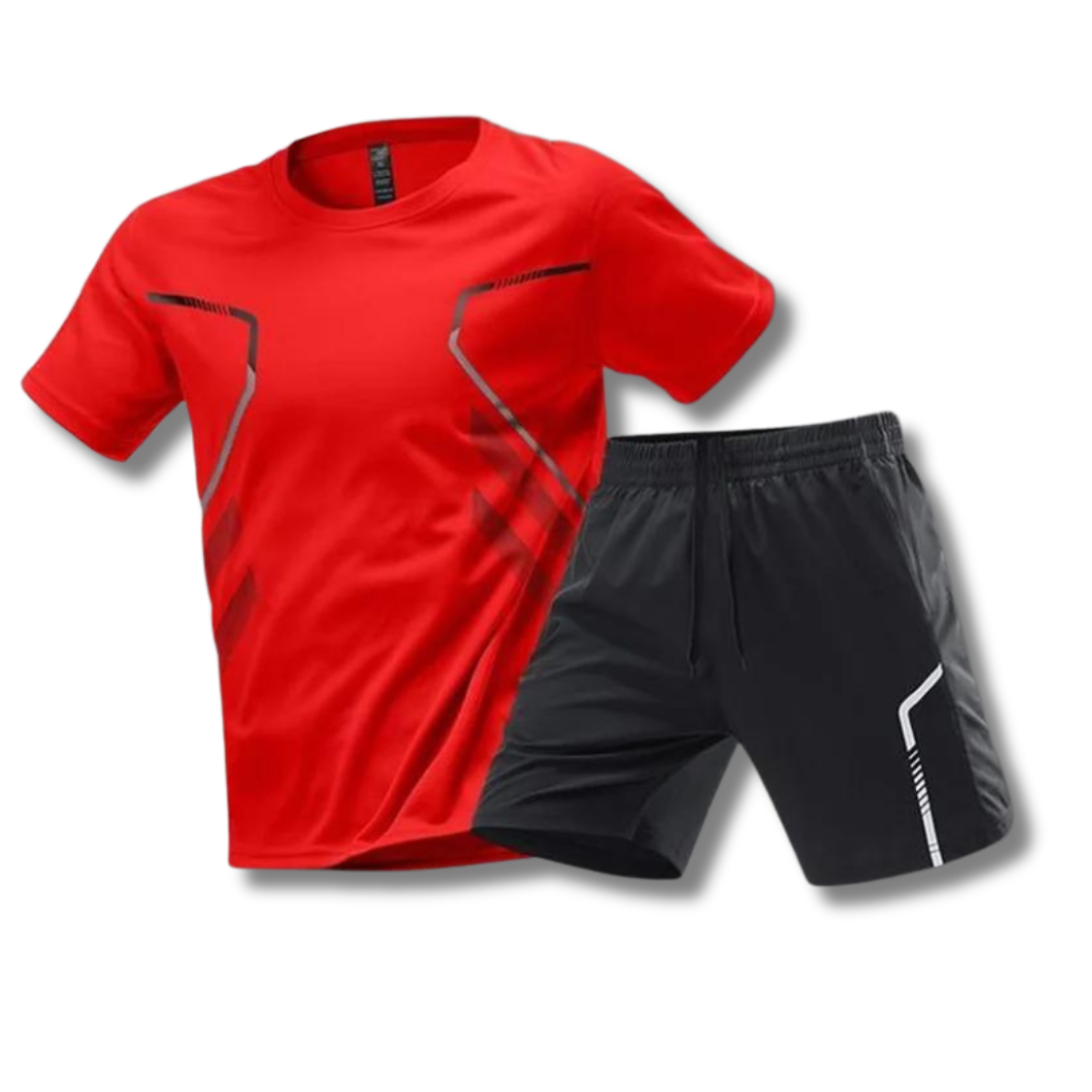 "Ademend heren sportset: lichtgewicht shirt en korte broek, sneldrogend en elastisch voor intensieve workouts."