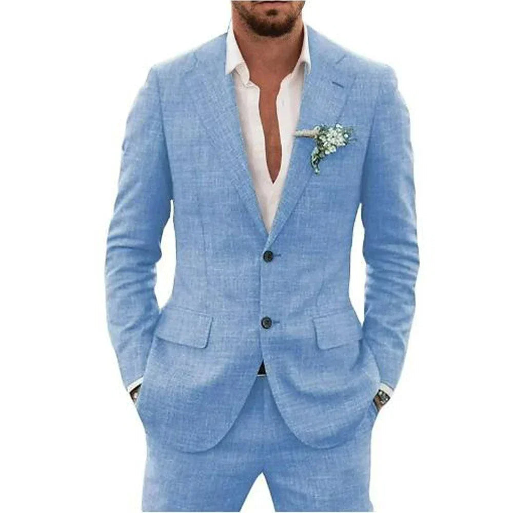 "Ademend linnen herenpak slim fit, tweedelig met blazer en broek, in diverse kleuren voor formele en smart-casual gelegenhede