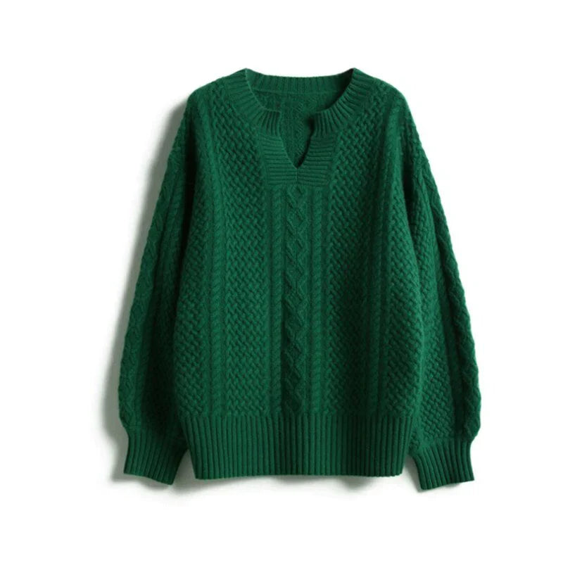 "Ademende wollen trui met uniek kabelpatroon, stijlvolle winterkleding voor dames, verkrijgbaar in diverse kleuren."