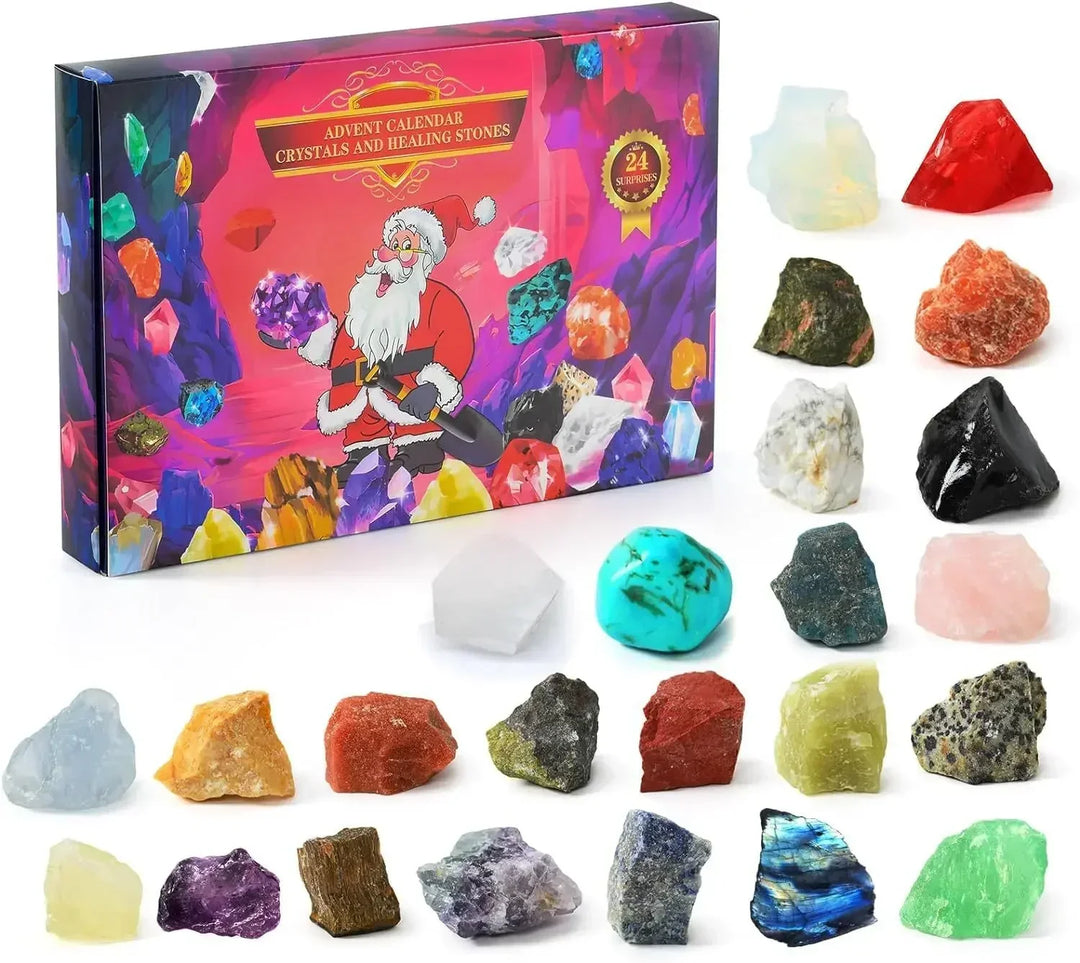 Gesloten kinder edelsteen adventskalender, kleurrijk geïllustreerd, met december kristal verrassingen.