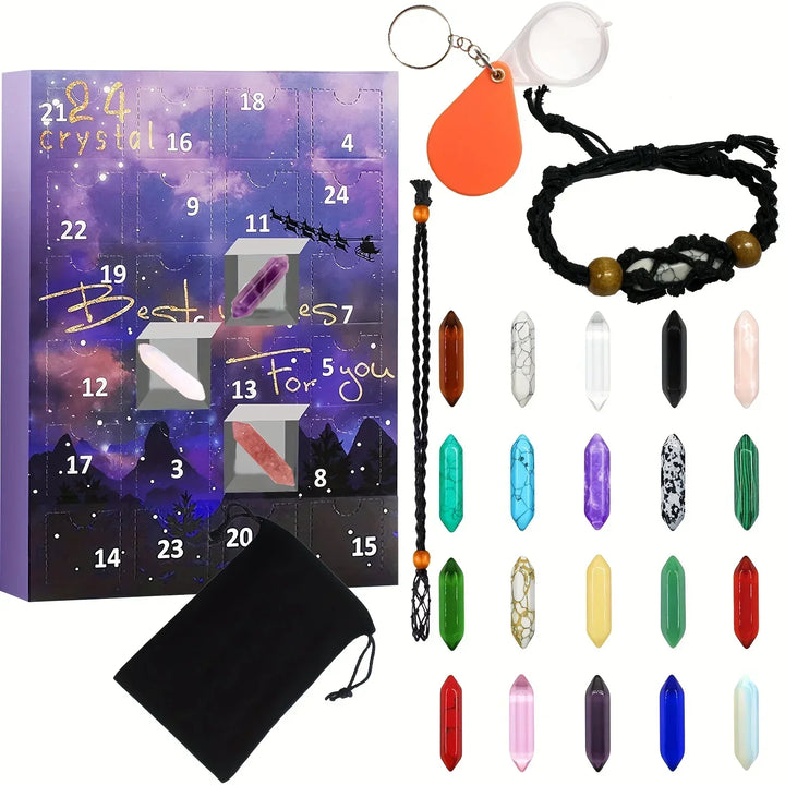 Open adventskalender toont glinsterende edelstenen en kristallen, klaar voor ontdekking door nieuwsgierige kinderen.
