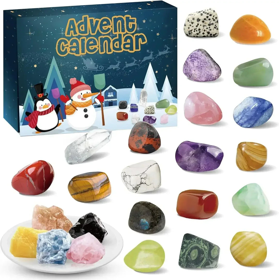 Gevulde adventskalender voor kinderen met diverse edelstenen en mineralen, educatief en verrassend.