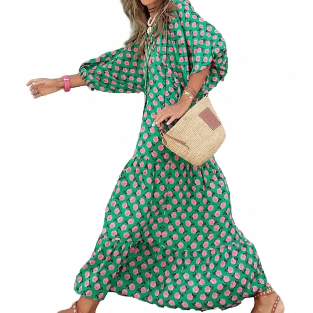Zomerse bohemien maxi-jurk voor dames, met V-hals en korte mouwen. Ideaal als casual of strandjurk.