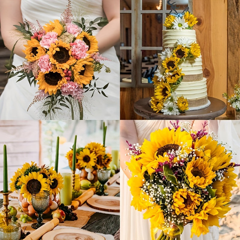 11 levendige kunst zonnebloemen, perfect voor zomerse bruiloft of vrolijke tuindecoratie en feesten.