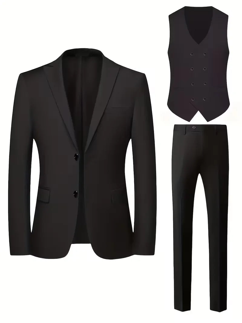 Klassiek herenpak met gilet, slim fit pasvorm voor een moderne en chique uitstraling.