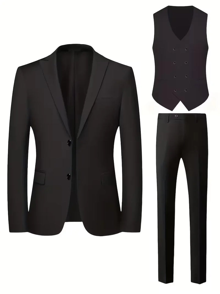 Klassiek herenpak met gilet, slim fit pasvorm voor een moderne en chique uitstraling.