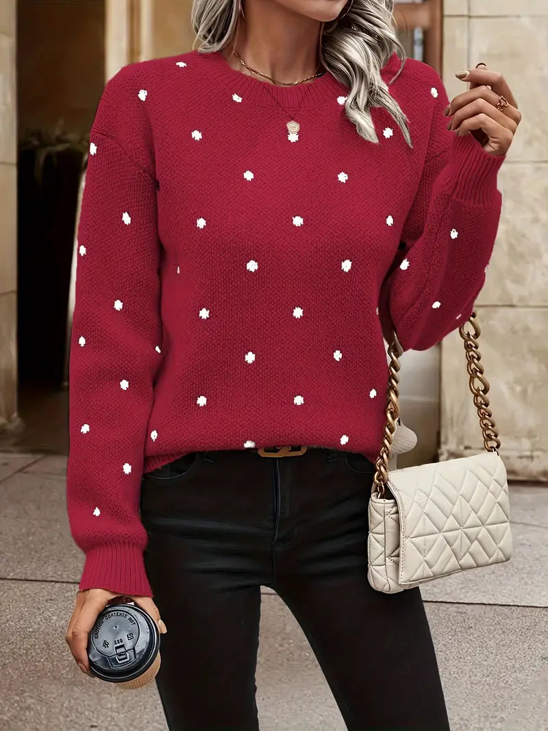 Zachte polkadot trui voor dames, beschikbaar in groen, grijs en kaki, met lange mouwen.