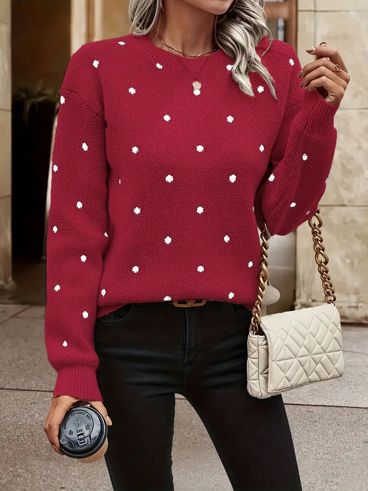 Zachte polkadot trui voor dames, beschikbaar in groen, grijs en kaki, met lange mouwen.