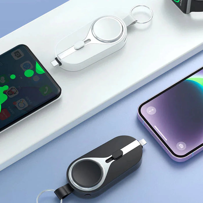 Strakke powerbank sleutelhanger, universele compacte oplader die discreet aan je sleutelbos past voor elke smartphone.