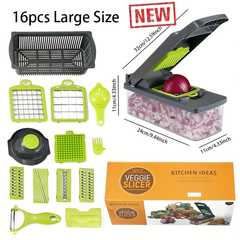 De complete set: groentesnijder, rasp, dunschiller en opbergbak, perfect voor elke keuken.