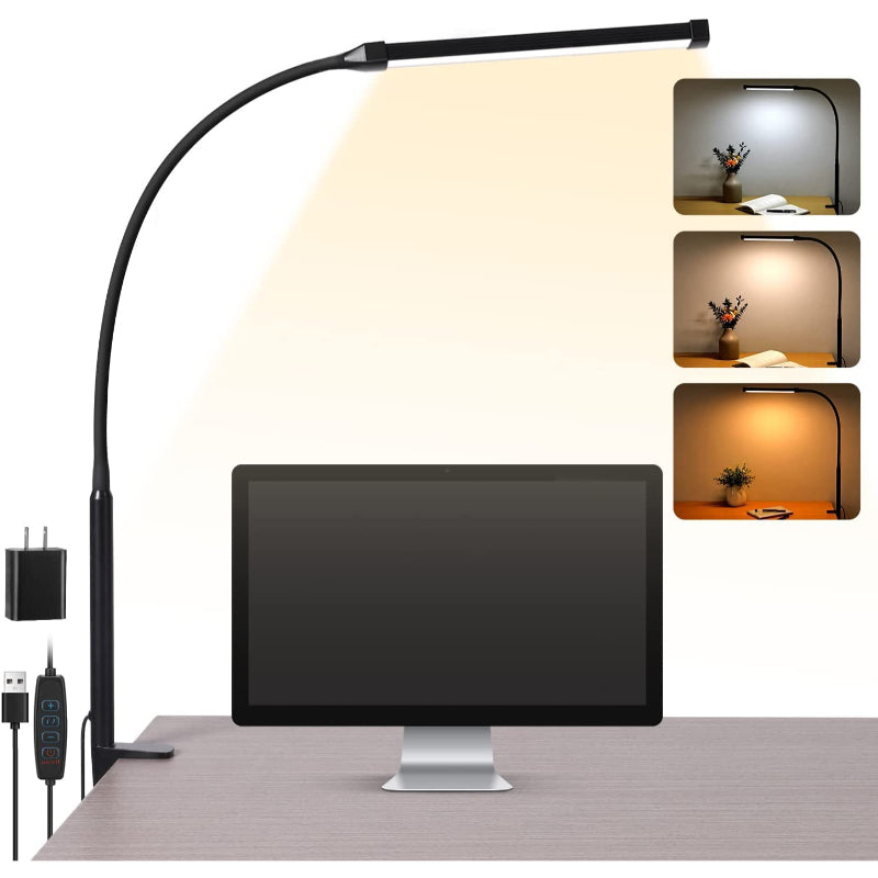 Moderne LED bureaulamp met klem, flexibele arm en oogvriendelijk dimbaar licht voor werkplek of studentenkamer.