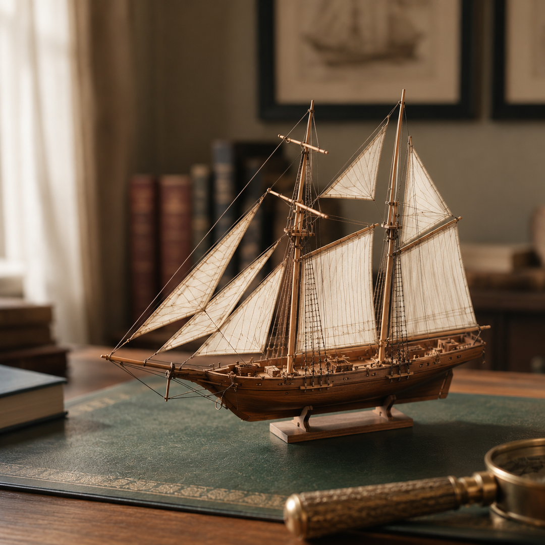 Verpakking van de klassiek zeilschip 3D puzzel. Complete houten modelbouwset, klaar om te beginnen.