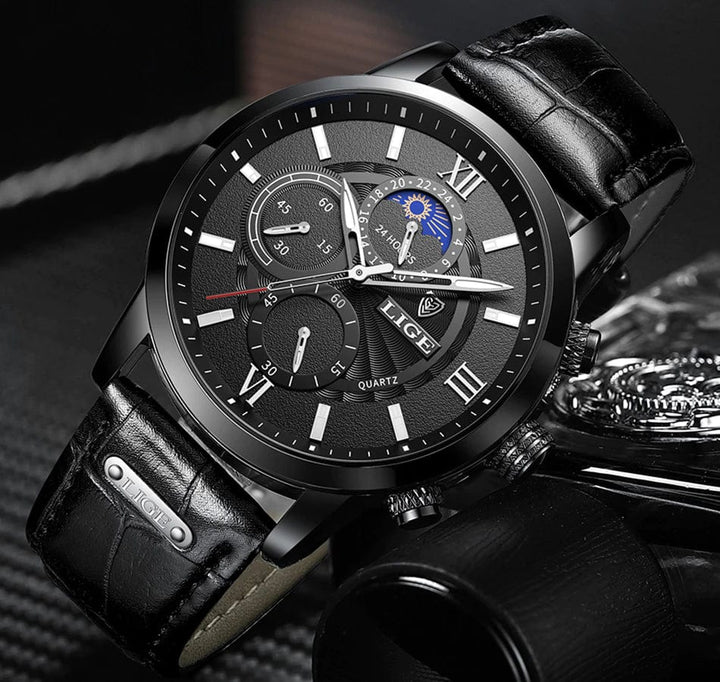 Stijlvol herenhorloge, vintage look met leren band, roestvrijstalen details. Ideaal cadeau voor de elegante man.