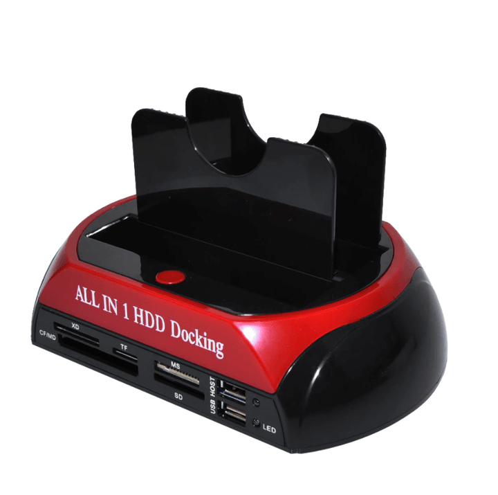 Achterkant van het DataLift USB 3.0 docking station met SATA-aansluiting en stroomadapter.