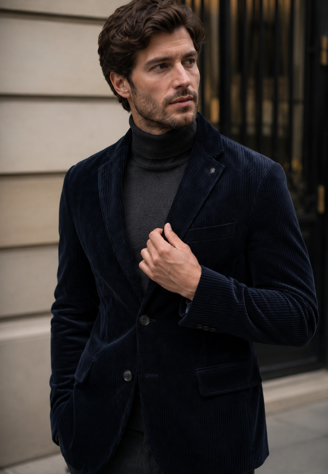 Koffiekleurig heren colbert met knoopsluiting, ideaal voor zakelijke of casual herenkleding. Stijlvol en veelzijdig.