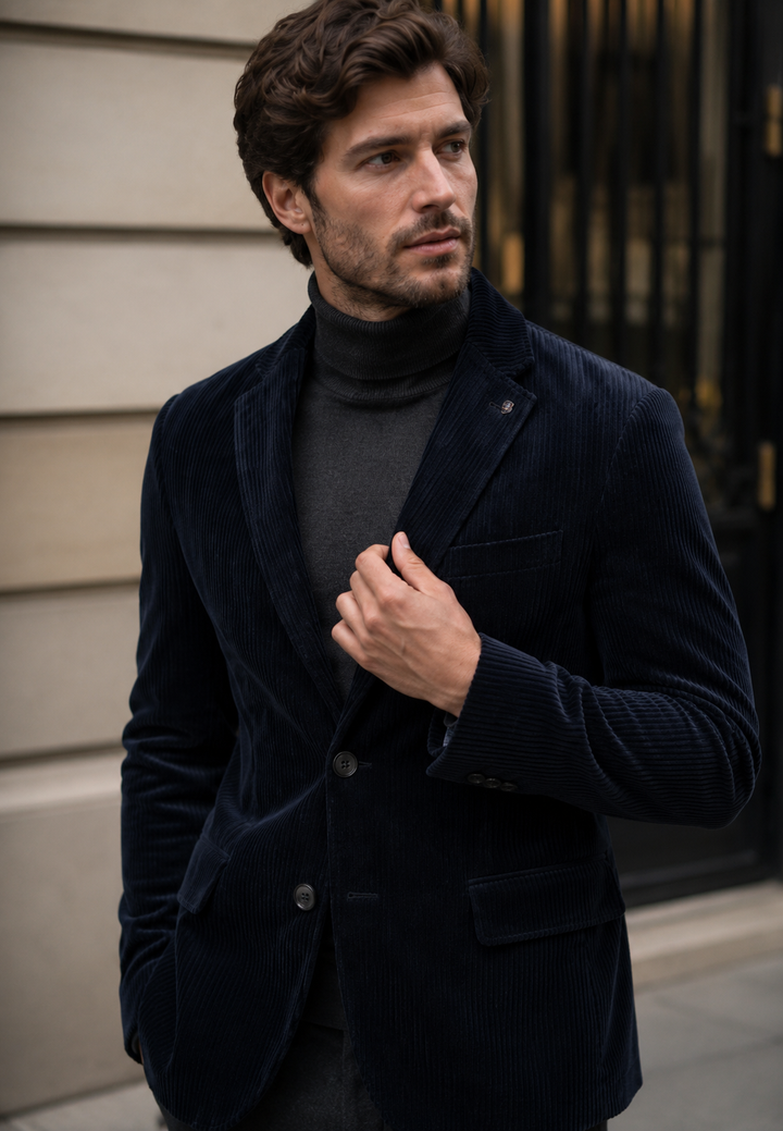 Koffiekleurig heren colbert met knoopsluiting, ideaal voor zakelijke of casual herenkleding. Stijlvol en veelzijdig.