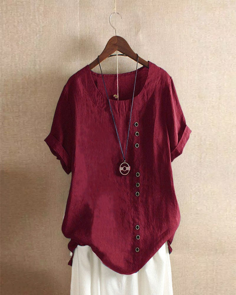 Comfortabele én elegante dames blouse met korte mouwen en knopen, perfect voor elke gelegenheid.