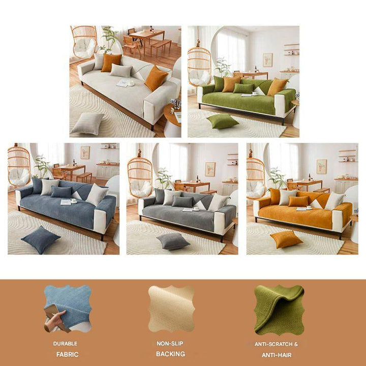 Duurzame bankbeschermer van chenille, visgraat structuur en antislip rug.