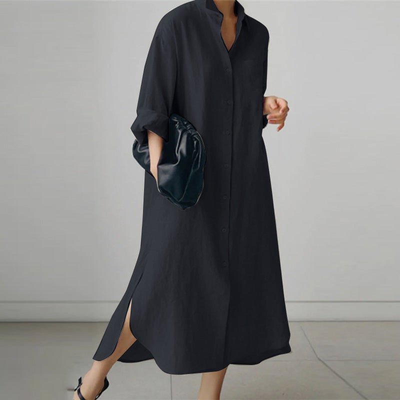 Lange zwarte maxi jurk voor dames, een comfortabele overhemdjurk met knopen, ideaal voor een casual outfit.