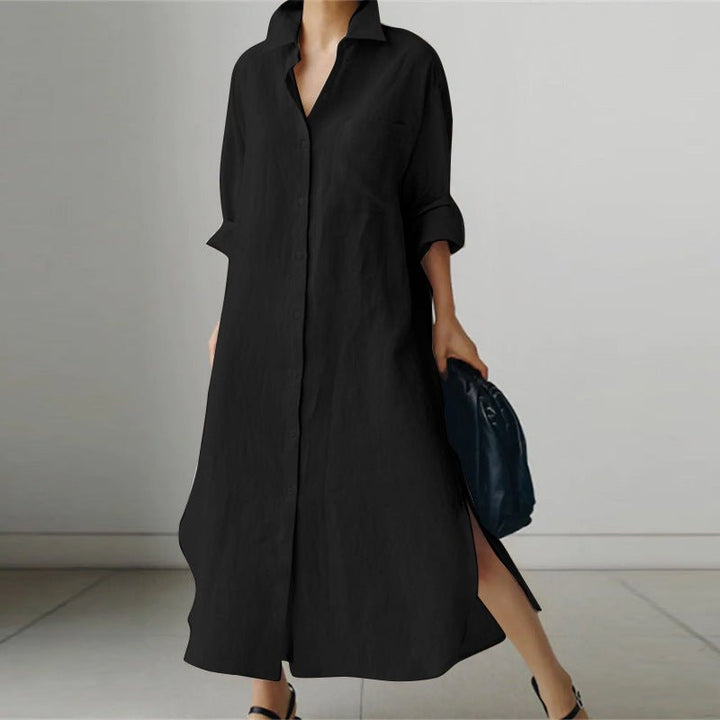 Elegante zwarte dames maxi overhemdjurk met knopen, perfect voor comfortabele en stijlvolle casual looks.