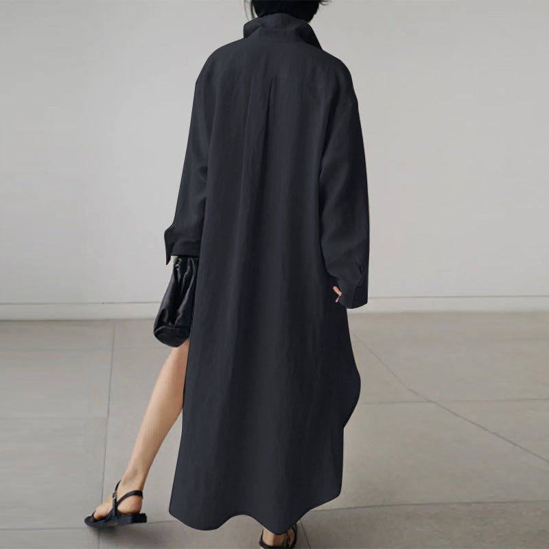 Stijlvolle zwarte dames maxi overhemdjurk met knoopsluiting. Een comfortabele lange jurk voor elke gelegenheid.