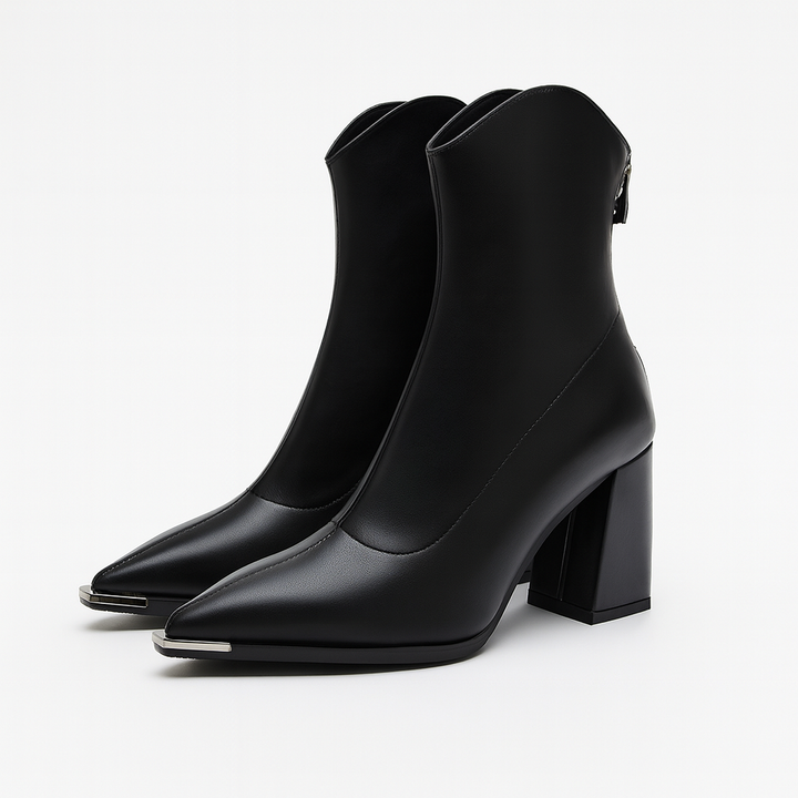 Bruine orthopedische enkellaarzen in westernstijl met blokhak en puntneus voor een modieuze, comfortabele look.