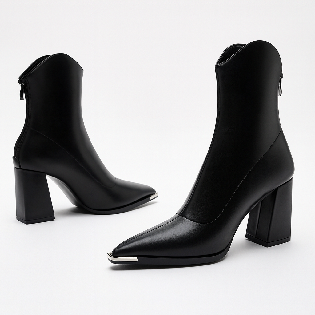 Zwarte orthopedische dameslaarzen met trendy blokhak en puntneus, perfect voor elke outfit, comfortabel en stijlvol.