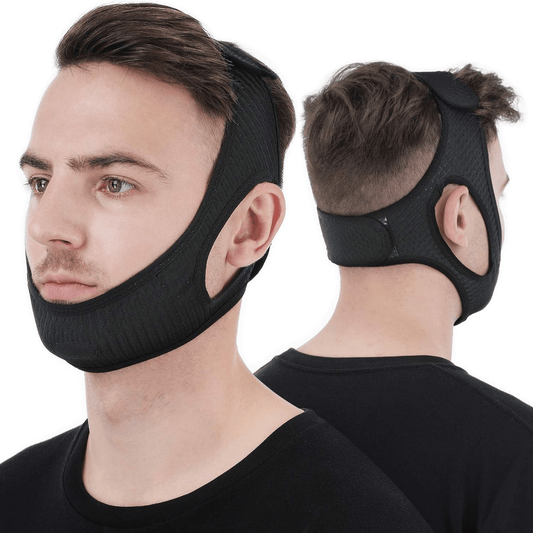 "Anti-snurk kinriem van ademend textiel, verstelbaar met klittenbandsluiting, ideaal voor vermindering van snurken en slaapap