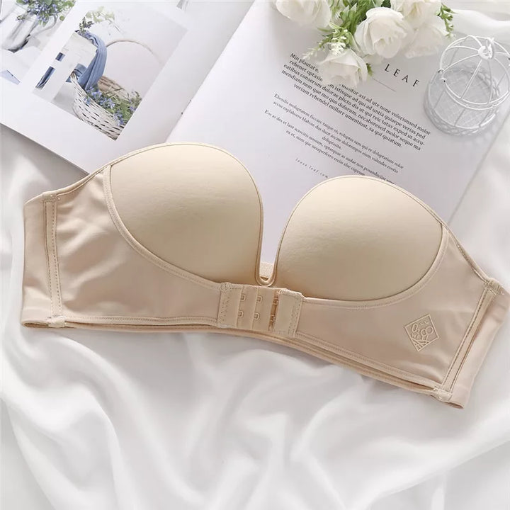 Witte strapless push-up bh met voorsluiting, comfortabel ondergoed voor dames.