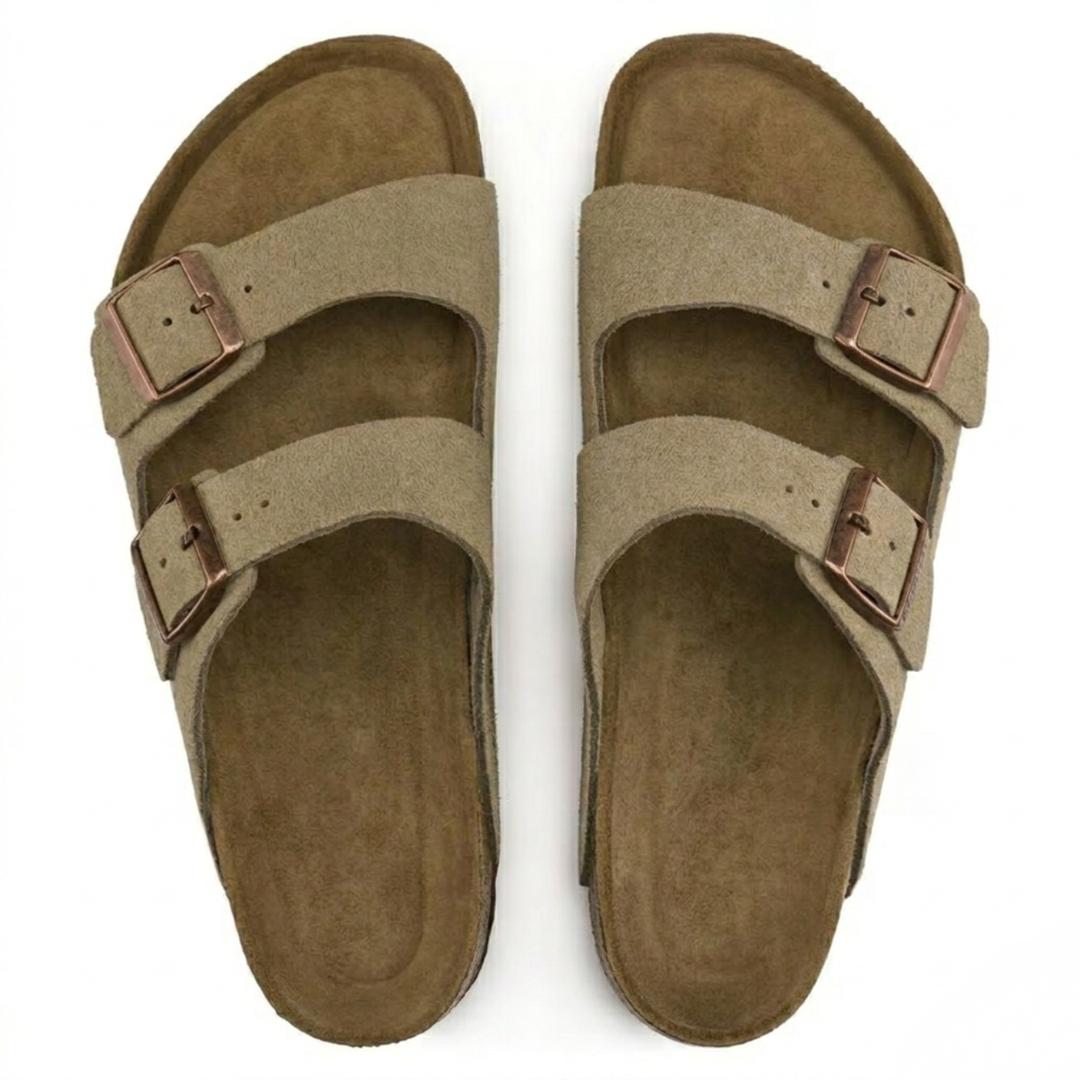 Dames Arizona sandalen: taupe casual model met verstelbare banden en zacht voetbed voor perfecte pasvorm.
