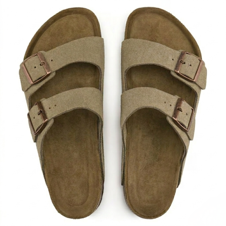 Dames Arizona sandalen: taupe casual model met verstelbare banden en zacht voetbed voor perfecte pasvorm.