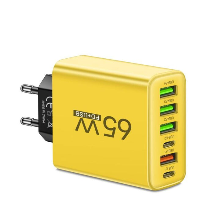 Reisvriendelijke 65W universele oplader: Zwarte multi-lader voor 6 apparaten. Compact design, perfect voor werk of vakantie.
