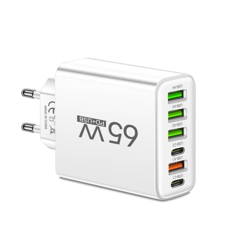 Universele 65W snelle oplader: Wit, compact ontwerp. Laadt 6 apparaten tegelijkertijd op, inclusief telefoons en laptops.
