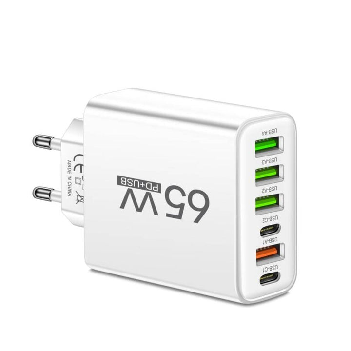Universele 65W snelle oplader: Wit, compact ontwerp. Laadt 6 apparaten tegelijkertijd op, inclusief telefoons en laptops.