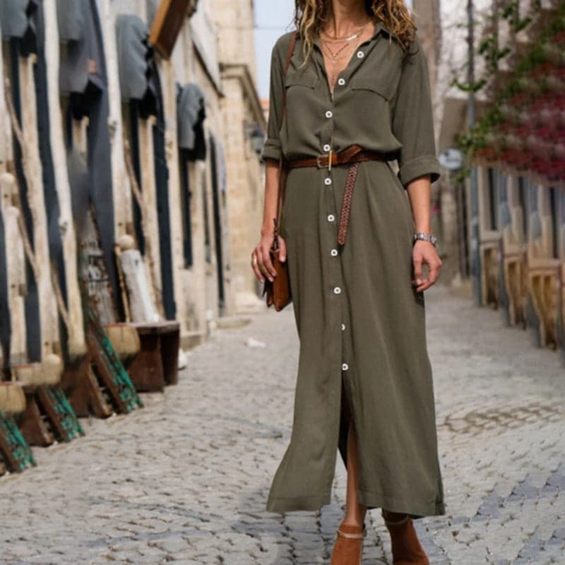 Comfortabele elegante dames overhemd midijurk met riem, perfect voor een stijlvolle zomer- of lenteoutfit.