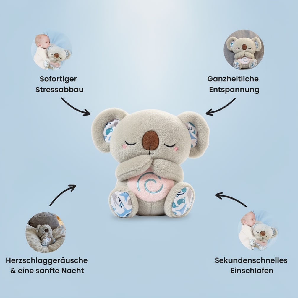 Rustgevend knuffeldier koala van ademend pluche; bevordert slaap en kalmte bij jong en oud.