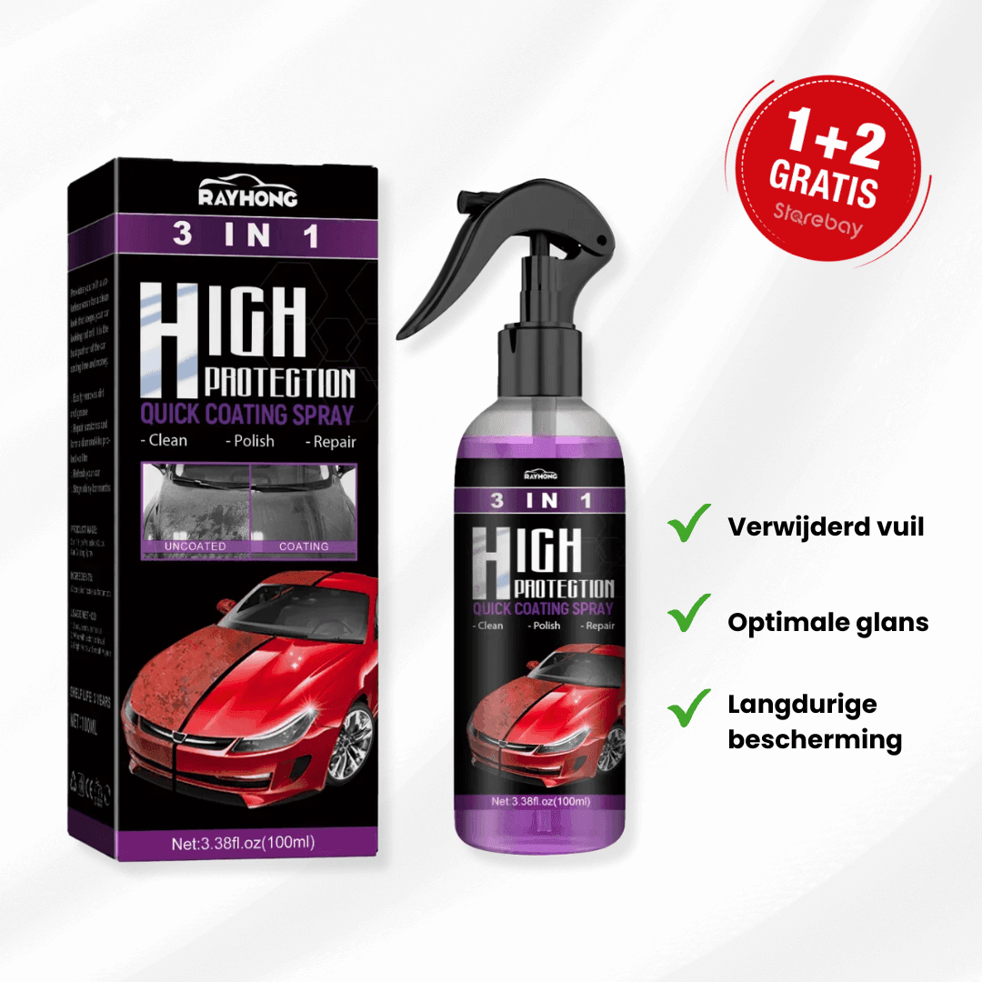 Nano Keramische Coating Spray fles voor 3-in-1 auto glans, lakbescherming & waterafstotende werking.