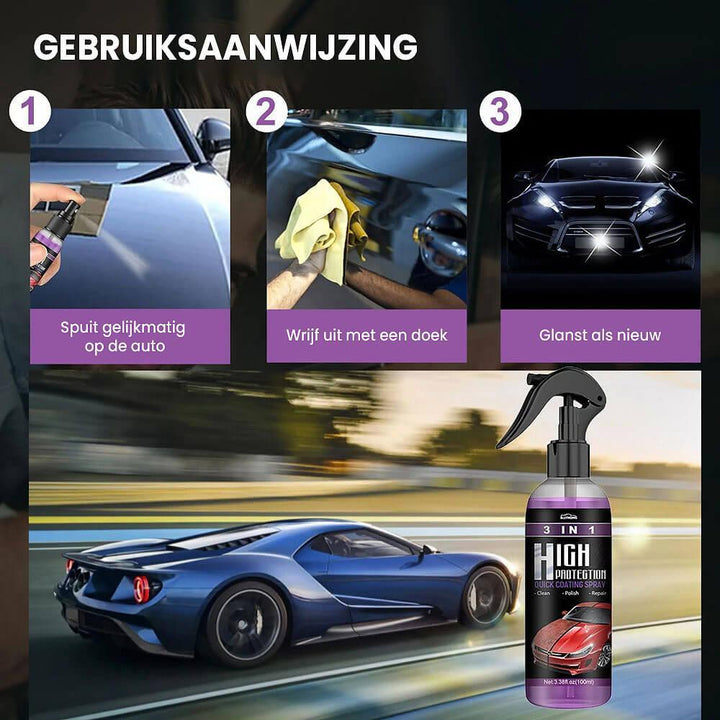 Auto reiniging met keramische coating spray, aangebracht op een schone auto voor duurzame glans & bescherming.