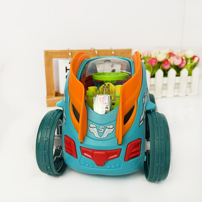 "Automatische blauwe kiepwagen met kleurrijke LED-verlichting en muziek, veilig ontwerp voor kinderen, stimuleert spelplezier