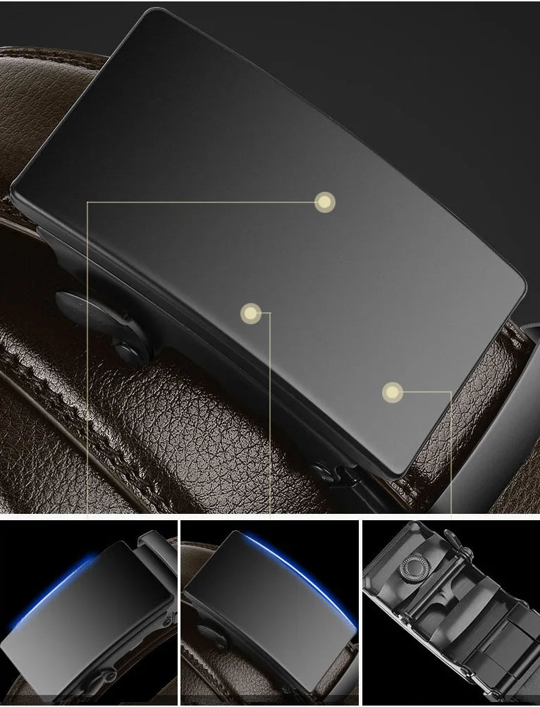 Detailopname van de automatische gesp op een duurzame PU leren herenriem, elegant en praktisch.