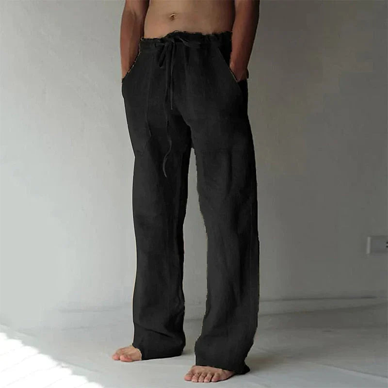 Blauwe herenbroek van linnen en katoen, ademend comfort voor casual lente & herfst streetwear.