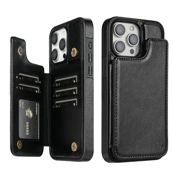 Stijlvolle leren iPhone telefoonhoes, ideaal voor bescherming en het bewaren van je pasjes.
