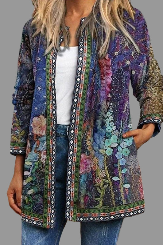 Stijlvol dames vest met elegante bloemenprint. Comfortabel, open en gebreid, ideaal voor casual laagjes.