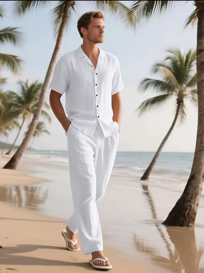 Heren zomer set, shortsleeve V-hals shirt en wideleg broek, voor ultiem zomercomfort.