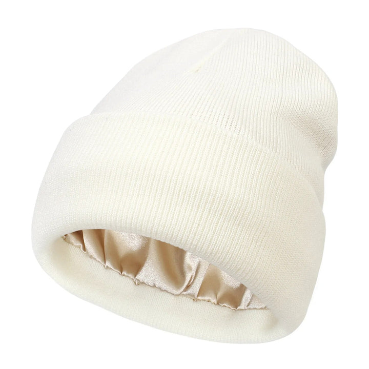 Zijden dames beanie; voorkomt klitten en pluizen, perfect voor dagelijkse haarverzorging en stijl.